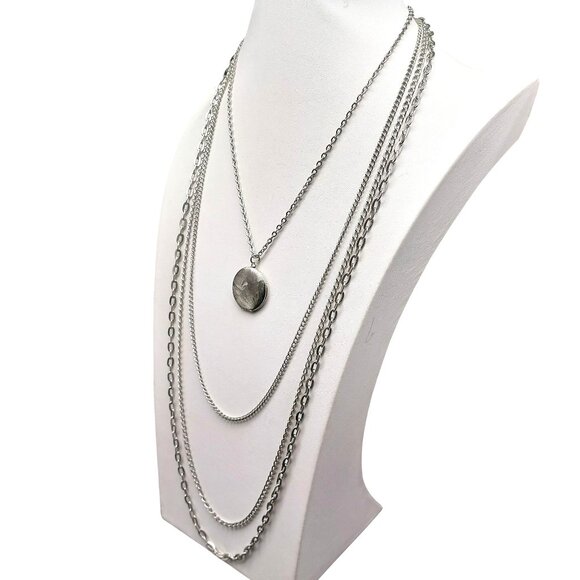 Vintage Layered Silver-Tone Triple Strand Locket Necklace 18" Chain & 1" Pendant - Picture 3 of 7